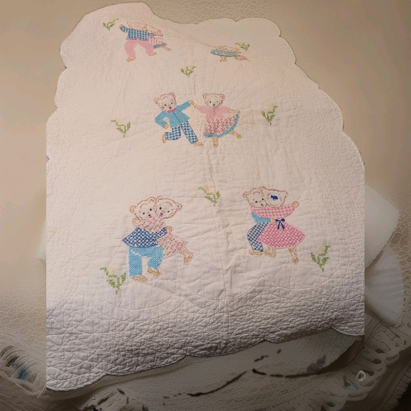 Vintage Hand Cross Stitched Baby Crib Quilt Bears