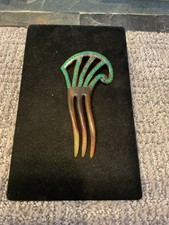 Antique Art Deco Celluloid Hair Comb W/ Green Rhinestone  s