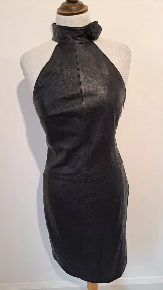 OASIS - Black 100% Genuine Leather Fitted Knee Length Halter Style Dress Size 12 - Image 2 of 4