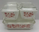 4 Vintage Pyrex Pink Gooseberry Refrigerator Dish Set 501 (2), 502, 503 w/ Lids