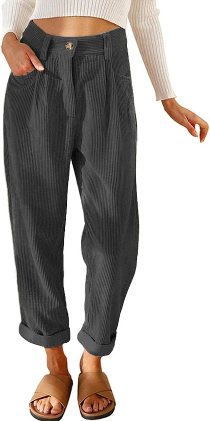 Pantalones De Pana Mujer Pantalones Casuales Vintage Cintura Alta Elástico Largo