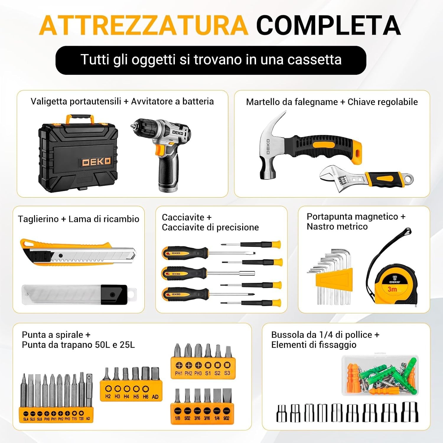 DEKO Cassetta Attrezzi Completa con Trapano Avvitatore Batteria 8V, 126 Pezzi foto 2