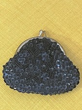 Vintage Black Beaded and Sequined Coin Purse Kiss-Lock Closure 4 x4.5 Lined.