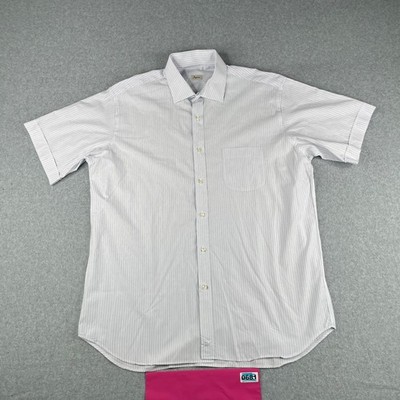 Ingram Shirt 16.5 White Blue Striped Casual Preppy Button Up Short Sleeve Mens