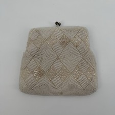 Vintage Ivory Cream Beaded Clutch Evening Bag Satin Diamond Pattern