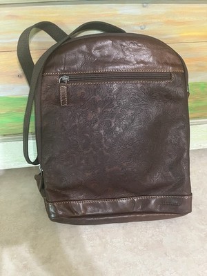 Jack Georges Embossed Leather Backpack Purse Brown Floral Travel Bag Excellent