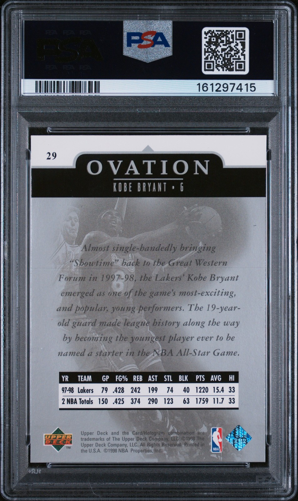1998 Upper Deck Ovation Kobe Bryant #29 PSA 7 view 2