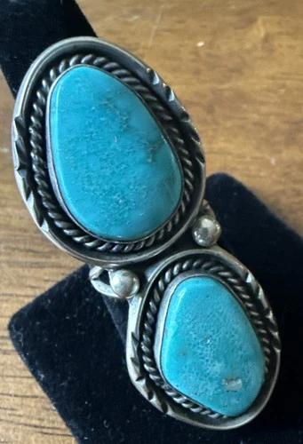 Large Vintage Native Southwestern Silver Double Turquoise Stone Ring SIZE 9