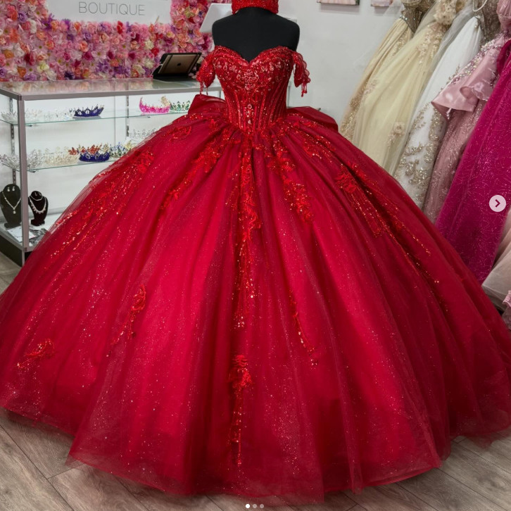 Red Glitter Quinceanera Dresses with Bow Lace Sweet 15 16 Party Ball Gowns