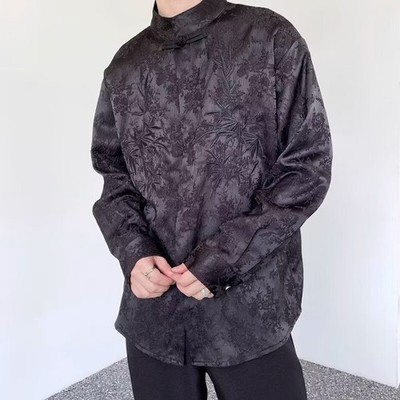 Langarm Herren Hemd mit Stehkragen Chinesisch Cheongsam Stickerei Knöpfe
