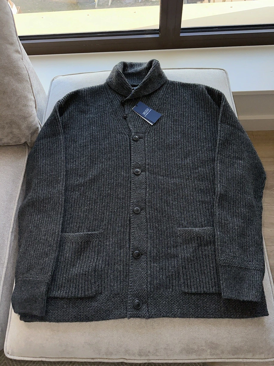 Polo Ralph Lauren Cárdigan Lana Punto Gofre M Mediano Gris Oscuro Hombre’s Nuevo