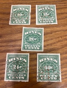 5  US INTERNAL REVENUE WINES 1916 WINES STAMPS - 10, 15, 20, 24 60 CENTS STAMPS