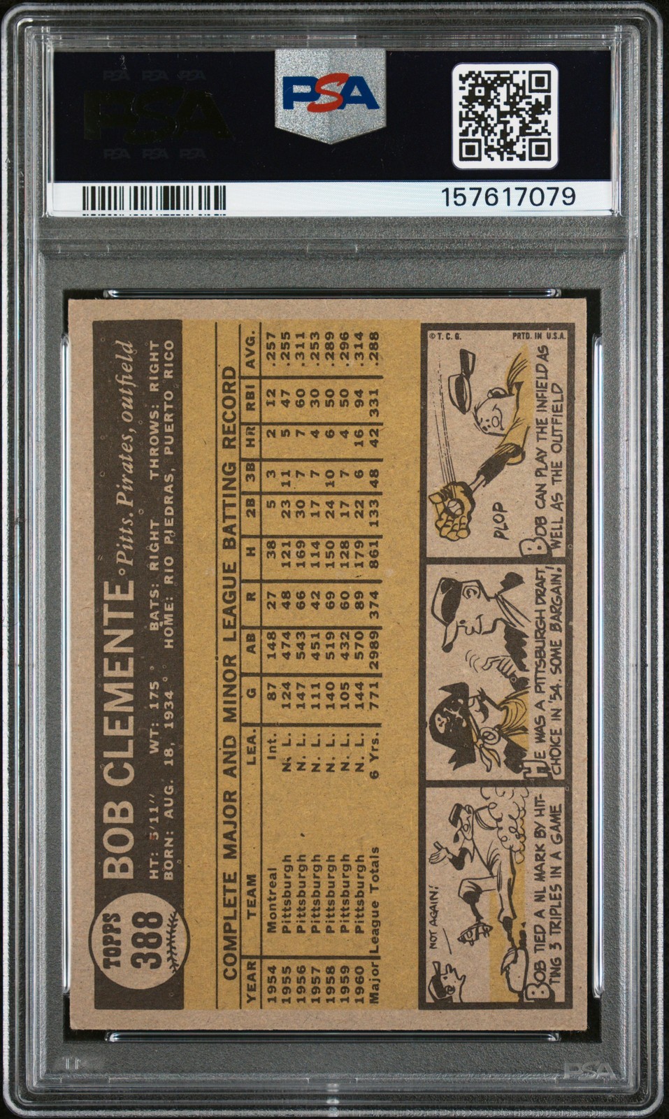 1961 TOPPS #388 BOB CLEMENTE PSA 5 view 2
