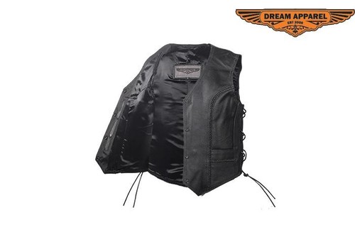 Black Women's Leather Motorcycle Biker Club Vest With Braided & Side Laces - Picture 2 of 5