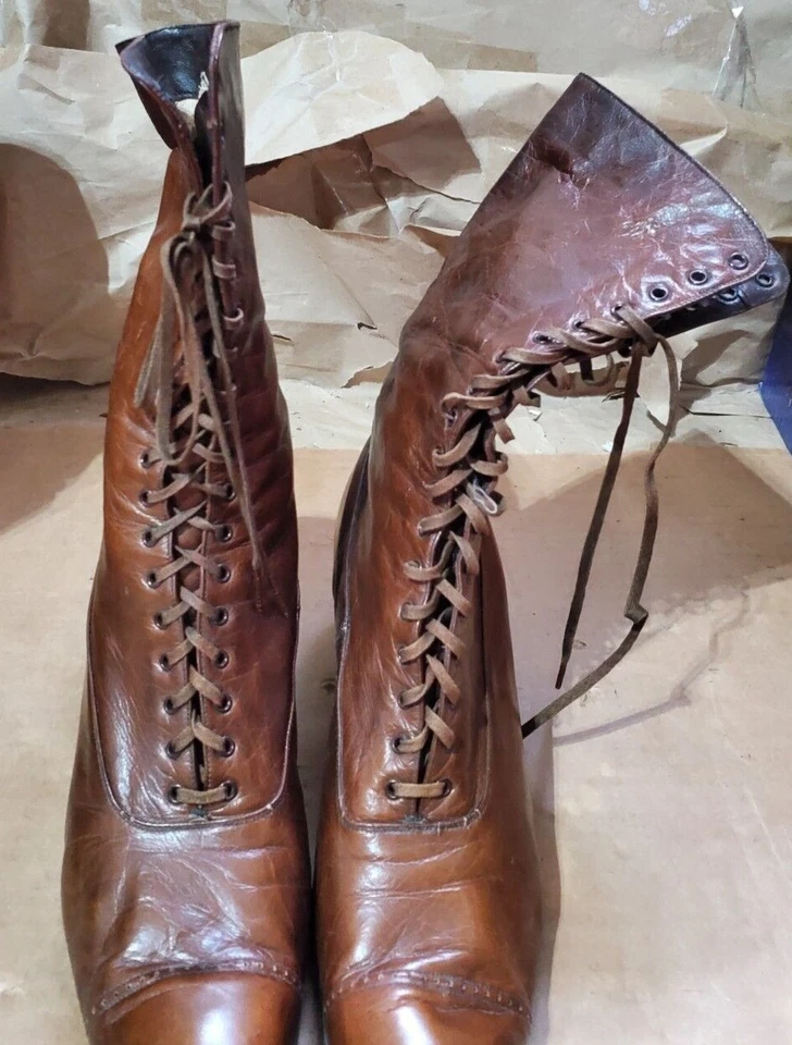Antique Boots Brown Leather Edwardian Boots High Top Lace Up Shukraft Boots - Image 3 of 4