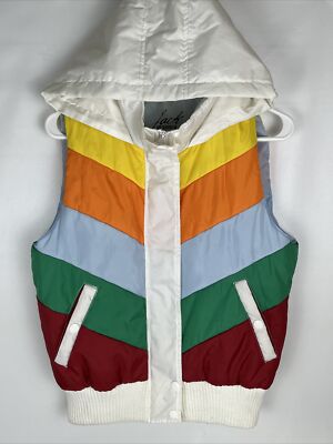 Jack BB Dakota White Rainbow Hooded Puffer Jacket Vest Womens Large
