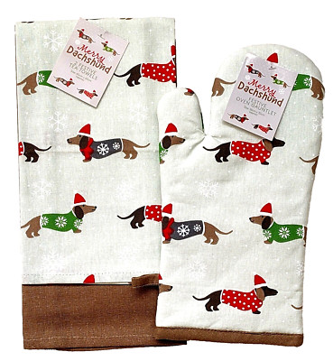 Weihnachten - Froher Dackel - Festlicher Ofenhandschuh & 2 Geschirrtücher Set - Brandneu