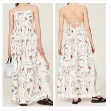 Bassike Face Print Knot Maxi Dress SZ 0 XS WHITE OPEN BACK MODERN ARTSY HIP FLAW