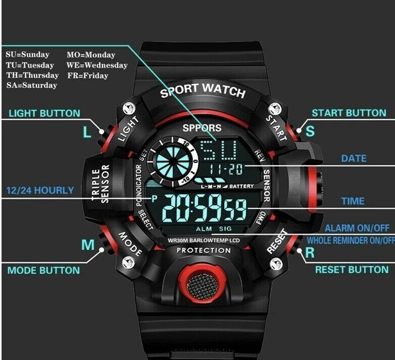 Relojes para hombre cara grande militar ejército caminar deportes digital LED a prueba de golpes Foto 3 de 4