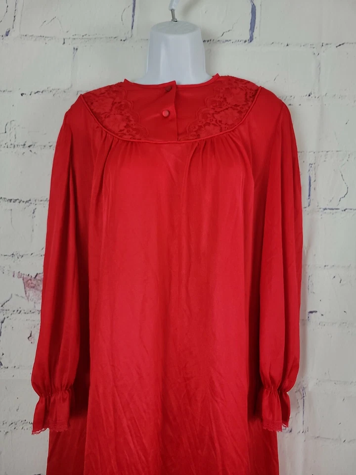 Nancy King Sleepwear Soft Luster Red Holiday Granny Nightgown Medium Long Sleeve - Image 2 of 4
