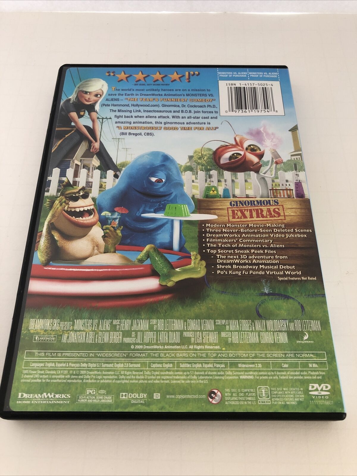 MONSTERS VS ALIENS DVD AND BACKER ONLY NO CASE DREAMWORKS