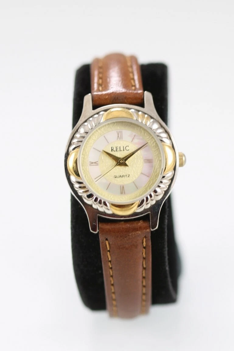 Relic Watch Women Gold Silver Stainless WR Leather Brown Batt Beige MOP Quartz