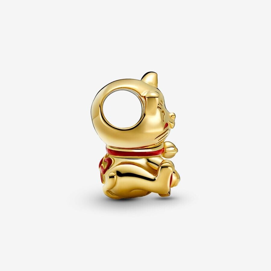 PANDORA Cute Fortune Cat Charm 14K Gold Plating Enamel New