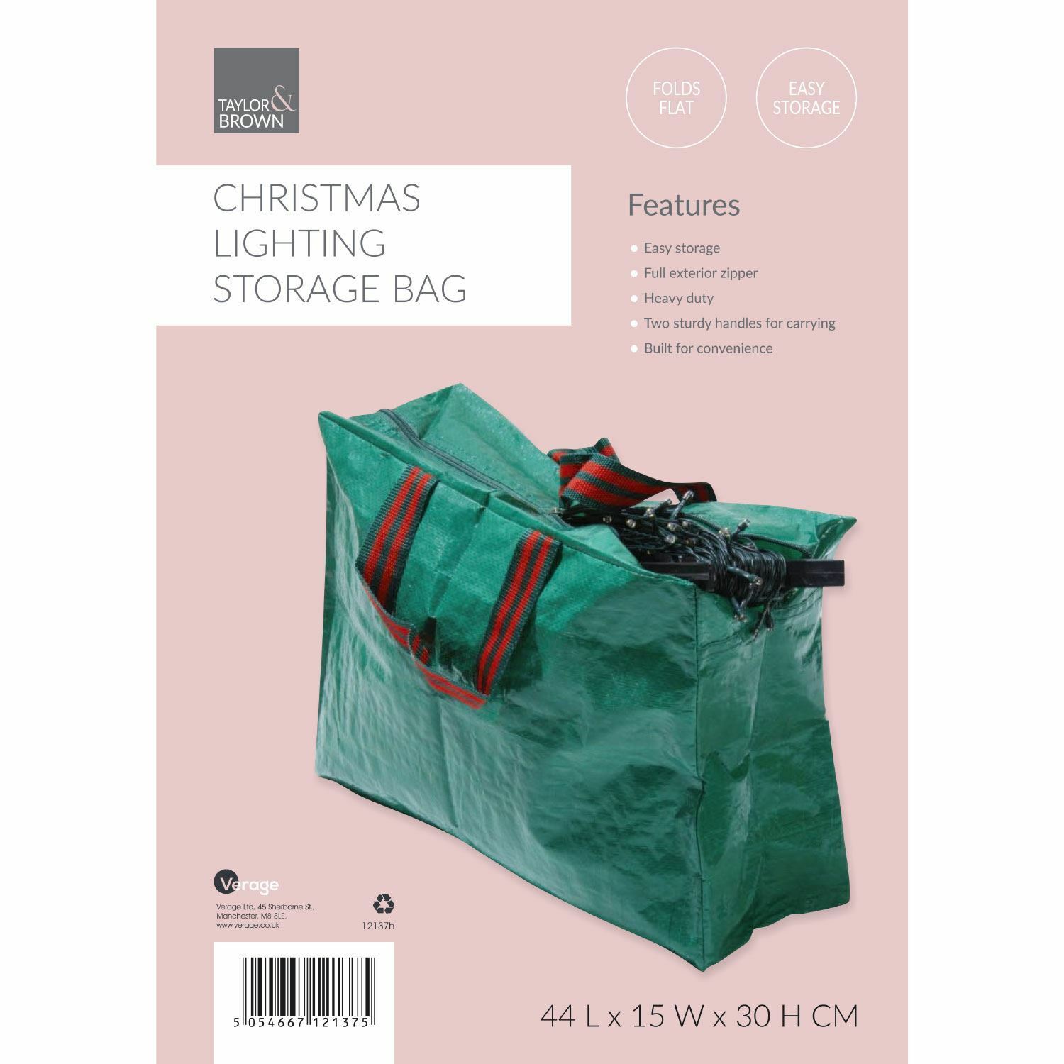 Large Zip Up Christmas Lights Bag Up To 9ft Sack Storage Bag With Handles