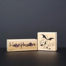 Inkadinkado Lot of 2 Halloween Rubber Stamps Flying Bats Happy Halloween Spooky