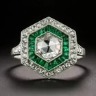 Art Deco Style Round Lab Created Diamond & Emerald Halo Wedding 925 Silver Ring