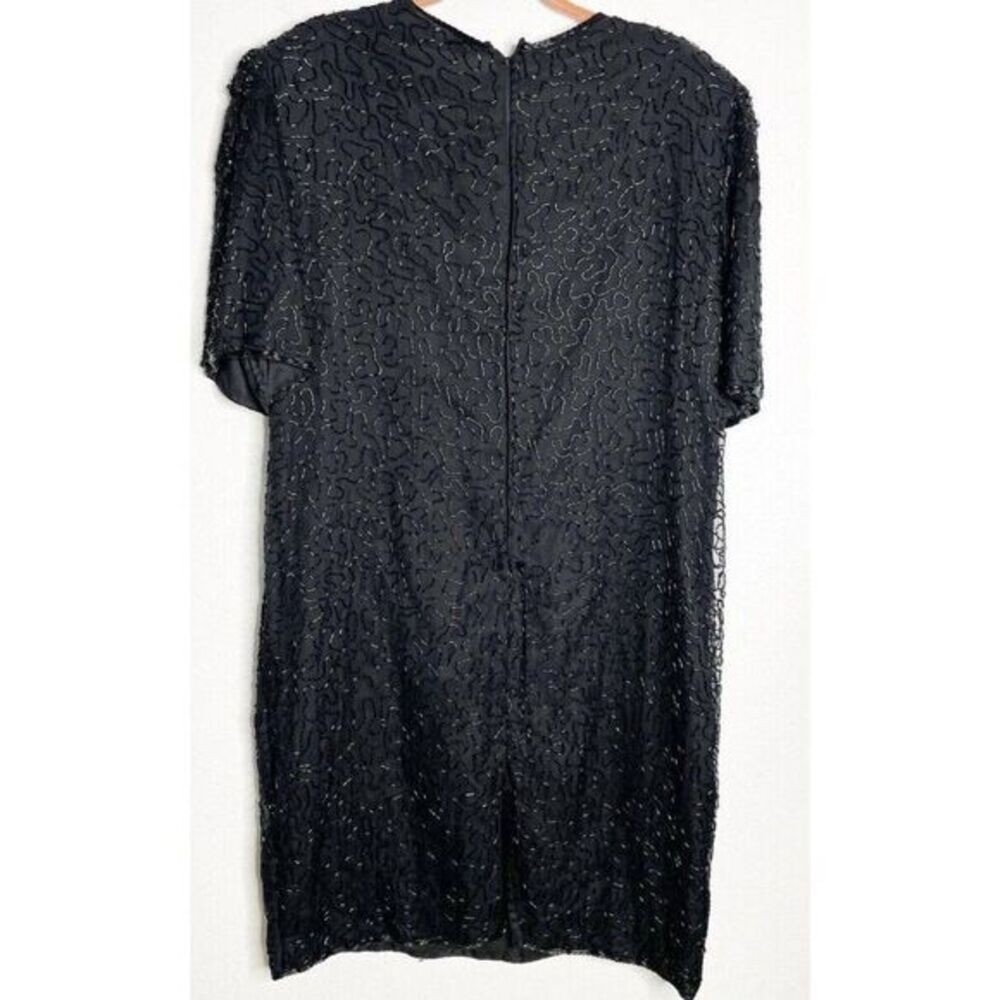 Vintage 90s Laurence Kazar Black Cocktail Dress Size 2X Black Sequin Beaded Silk