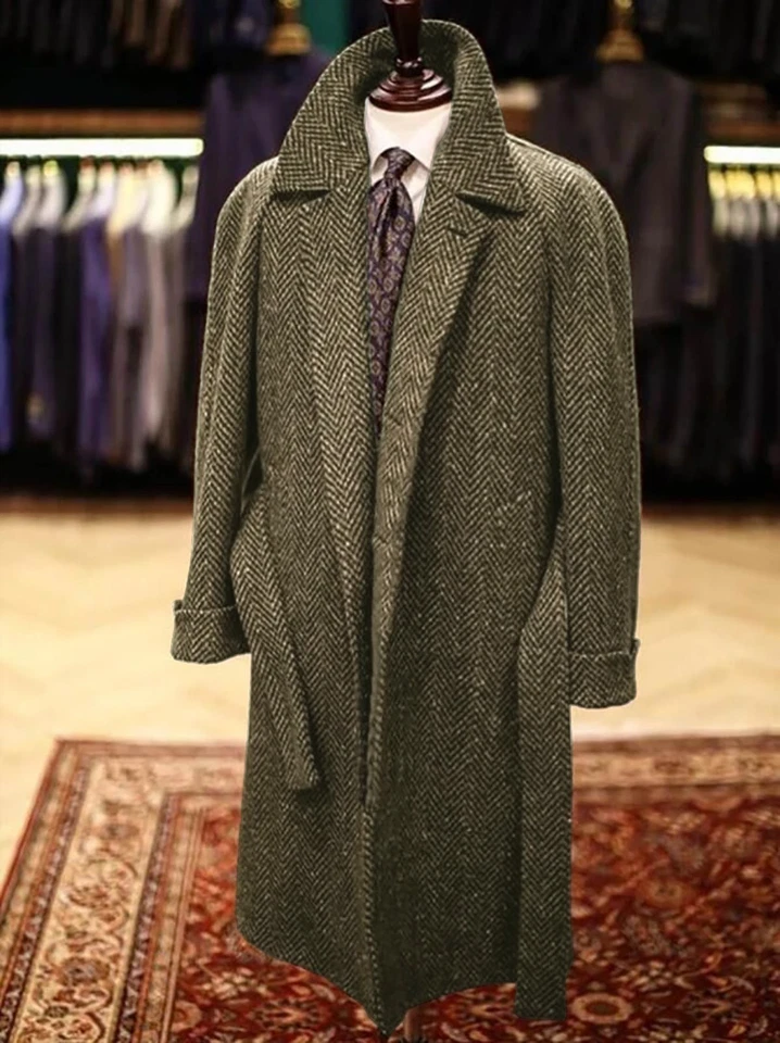 Men Coats with Belt Herringbone Wool Blend Long Overcoats Tweed Business Outwear - Image 2 of 4