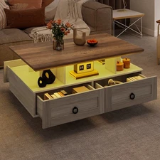 35.4" Wood Coffee Table With LED Lights And Drawers Farmhouse Decor Clearance