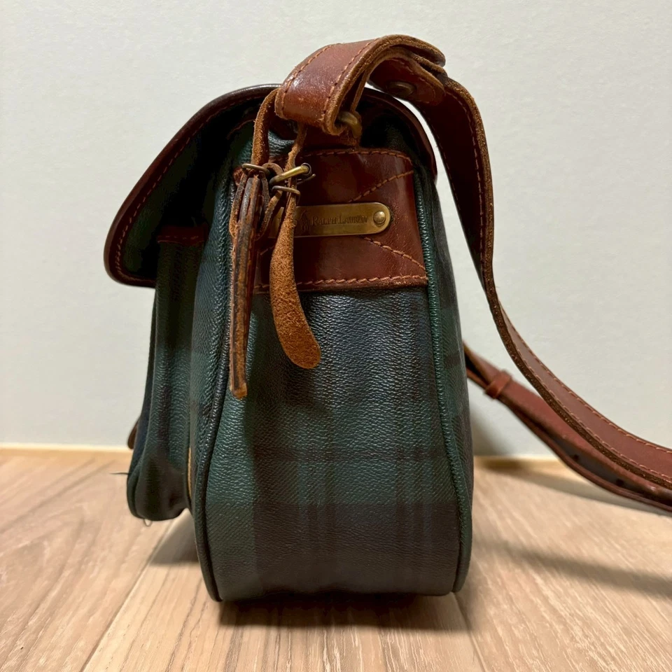 Sac à bandoulière vintage Ralph Lauren Blackwatch à carreaux PVC cuir vert Y2K - Photo 4/4