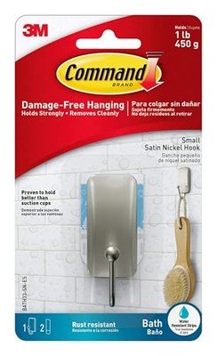 Command Small Bath Hook, Satin Nickel, 1-Hook, 2-Small Water-Resistant Strips,