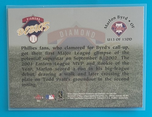 Fleer Tradition Diamond Debuts 2002 #U13DD Marlon Byrd Philadelphia Phillies - Imagen 2 de 2