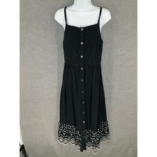 Old Navy Black Midi Dress Sz M Linen Button Front Sleeveless Embroidered Hem