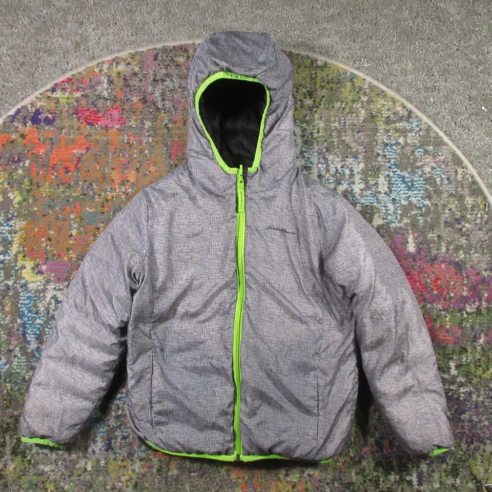 Chaqueta acolchada con capucha reversible Eddie Bauer juvenil S niño 7/8 negra gris Foto 3 de 4