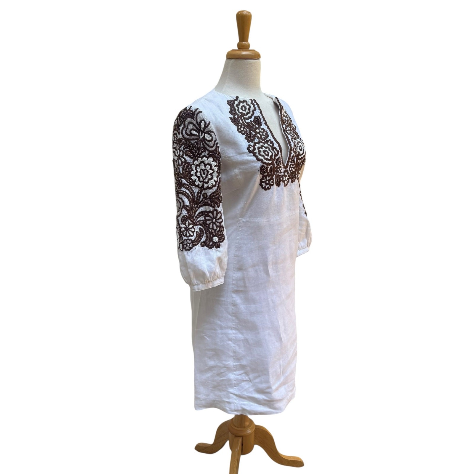 Tory Burch Beaded Mini Dress Tunic Sz 4 White Linen Brown Floral Embellished  thumbnail 4