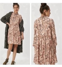 Anthropologie Cady Paisley Print Pink Long Sleeve Tiered Mini Dress Size Small