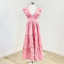 Aere Frill Detail Linen Dress Size 10 Pink V-Neck Tiered Empire Waist Resort New