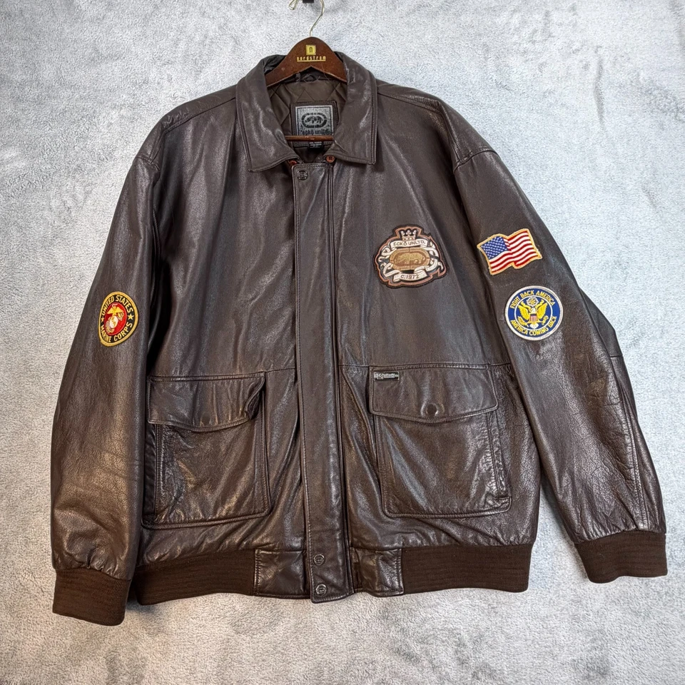 Chaqueta Bomber Ecko Unltd Cuero 2XL Marrón USMC Parche Bandera Y2K Hip Hop Moto Foto 3 de 4