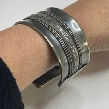 cuff bracelet burnished silver tone vintage or vintage look metallic gray boho