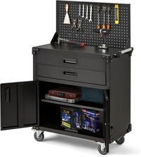 Metal Garage Workbench w/ Pegboard & Drawers - Lockable Tool Storage on Wheels