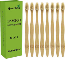 Bamboo Toothbrushes with Boar Bristles - 8 Pack, 100 Biodegradable