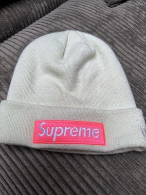 Supreme Box Logo Beanie   Creme / Neon Pink