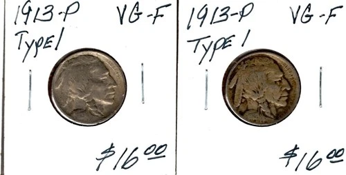 BUFFALO NICKELS Type 1, 1913 in Very Good to Fine condition, For Left coin only