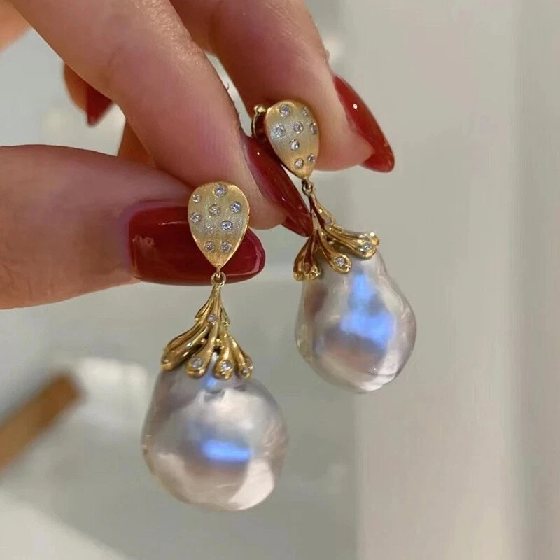 Preciosos ENORMES AAAA Pendientes de Perlas Barrocas Blancas Naturales del Mar del Sur de 11 mm 925s... Foto 2 de 4