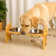 Elevated Bamboo Dog Bowls Stand Adjustable Double Stainless Steel Pet Feeder”