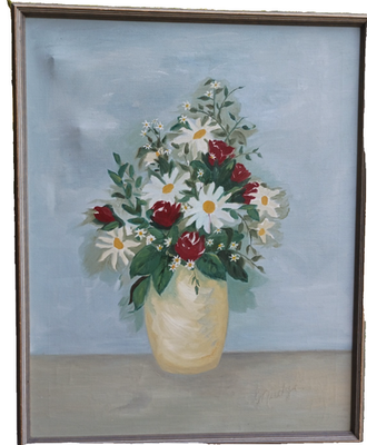 #ad Vintage oil painting Roses and Daisies framed and signed Large Cheerful $90.00